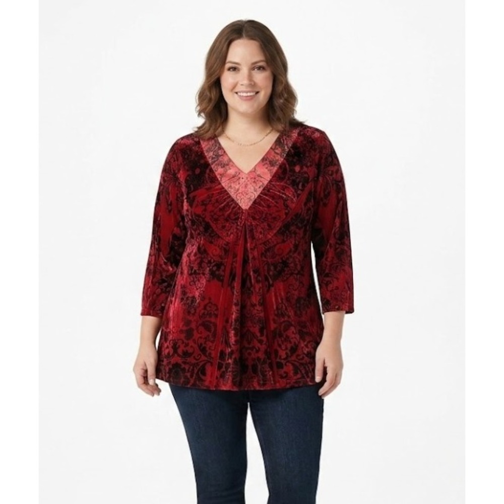 New Unity World Wear Large Black Red Abstract 3/4‎ Sleeve Stretch Blouse Boho